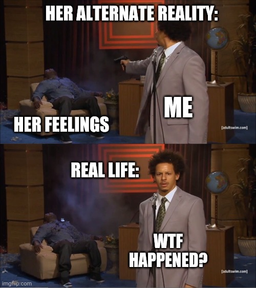 Who Killed Hannibal | HER ALTERNATE REALITY:; ME; HER FEELINGS; REAL LIFE:; WTF HAPPENED? | image tagged in memes,who killed hannibal | made w/ Imgflip meme maker