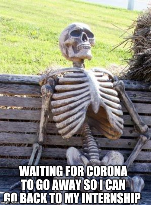 Waiting Skeleton Meme | WAITING FOR CORONA TO GO AWAY SO I CAN GO BACK TO MY INTERNSHIP | image tagged in memes,waiting skeleton | made w/ Imgflip meme maker