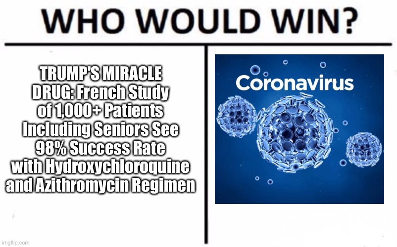 Who Would Win? | TRUMP'S MIRACLE DRUG: French Study of 1,000+ Patients Including Seniors See 98% Success Rate with Hydroxychloroquine and Azithromycin Regimen | image tagged in memes,who would win | made w/ Imgflip meme maker