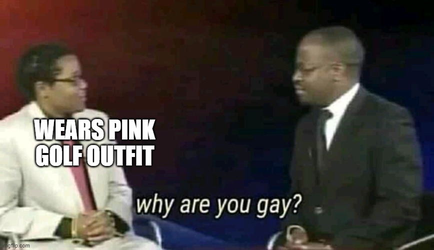 Why are you gay? | WEARS PINK GOLF OUTFIT | image tagged in why are you gay | made w/ Imgflip meme maker