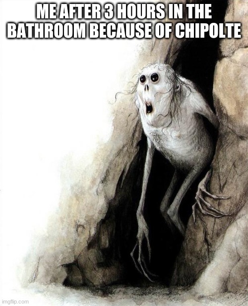 cave meme | ME AFTER 3 HOURS IN THE BATHROOM BECAUSE OF CHIPOLTE | image tagged in cave meme | made w/ Imgflip meme maker