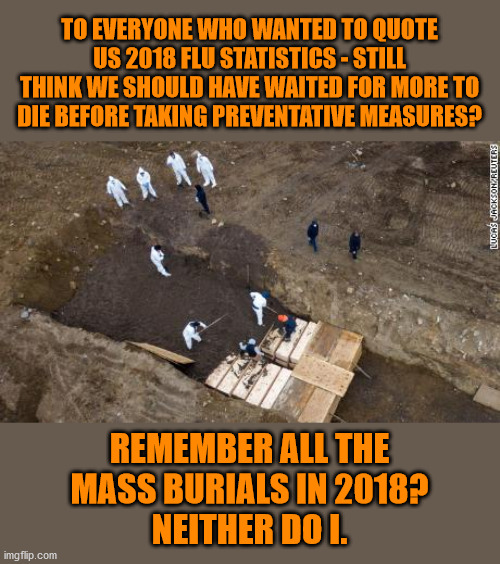 We're almost to the point where they would have had us start to worry. | TO EVERYONE WHO WANTED TO QUOTE US 2018 FLU STATISTICS - STILL THINK WE SHOULD HAVE WAITED FOR MORE TO DIE BEFORE TAKING PREVENTATIVE MEASURES? REMEMBER ALL THE
MASS BURIALS IN 2018?
NEITHER DO I. | image tagged in memes,politics | made w/ Imgflip meme maker