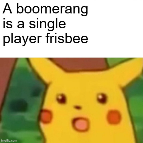 Surprised Pikachu Meme | A boomerang is a single player frisbee | image tagged in memes,surprised pikachu,memes | made w/ Imgflip meme maker