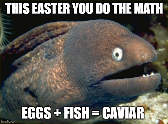 Bad Joke Eel Meme | THIS EASTER YOU DO THE MATH; EGGS + FISH = CAVIAR | image tagged in memes,bad joke eel | made w/ Imgflip meme maker