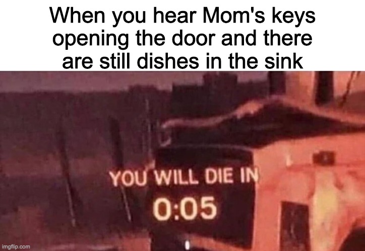 You will die | When you hear Mom's keys opening the door and there are still dishes in the sink | image tagged in you will die | made w/ Imgflip meme maker