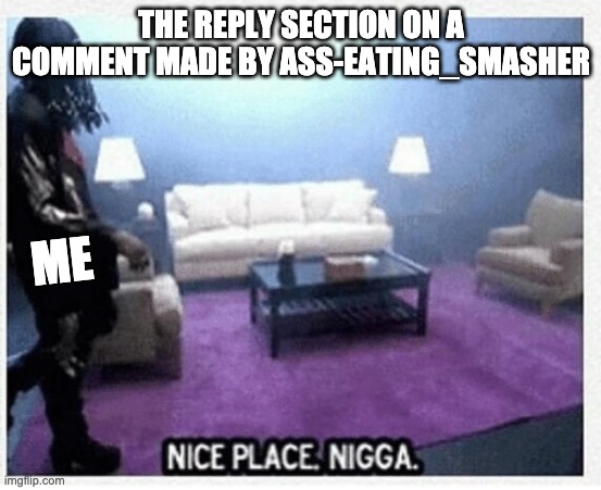 Nice place nigga | THE REPLY SECTION ON A COMMENT MADE BY ASS-EATING_SMASHER; ME | image tagged in nice place nigga | made w/ Imgflip meme maker