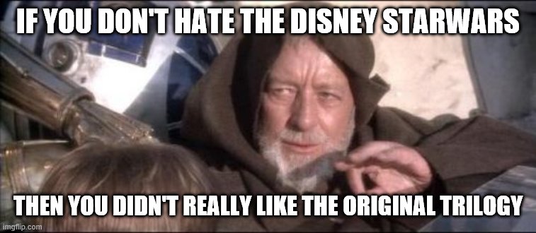 These Aren't The Droids You Were Looking For Meme | IF YOU DON'T HATE THE DISNEY STARWARS THEN YOU DIDN'T REALLY LIKE THE ORIGINAL TRILOGY | image tagged in memes,these aren't the droids you were looking for | made w/ Imgflip meme maker