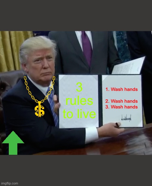 Trump Bill Signing | 3 rules to live; 1. Wash hands         2. Wash hands 3. Wash hands | image tagged in memes,trump bill signing | made w/ Imgflip meme maker