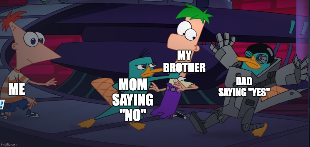 Everyone can relate to this | MY BROTHER; MOM SAYING "NO"; DAD SAYING "YES"; ME | image tagged in phineas and ferb | made w/ Imgflip meme maker