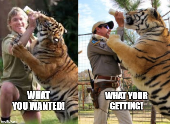 Joe exotic | WHAT YOUR GETTING! WHAT YOU WANTED! | image tagged in tiger king,steve irwin,funny memes,what you wanted,what your getting,joe exotic | made w/ Imgflip meme maker