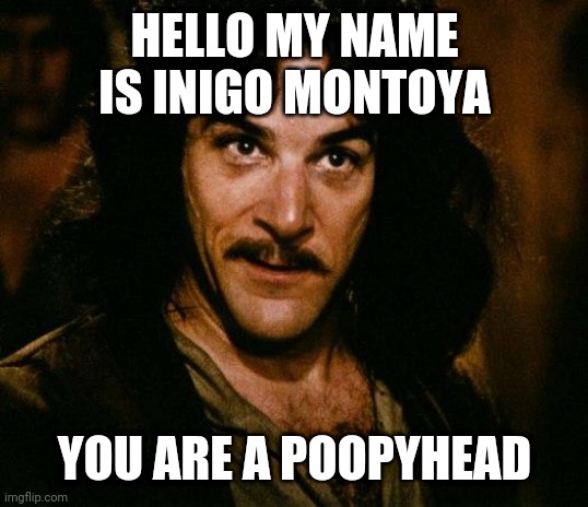 Message to some tf2 hater | HELLO MY NAME IS INIGO MONTOYA; YOU ARE A POOPYHEAD | image tagged in memes,inigo montoya,funny | made w/ Imgflip meme maker