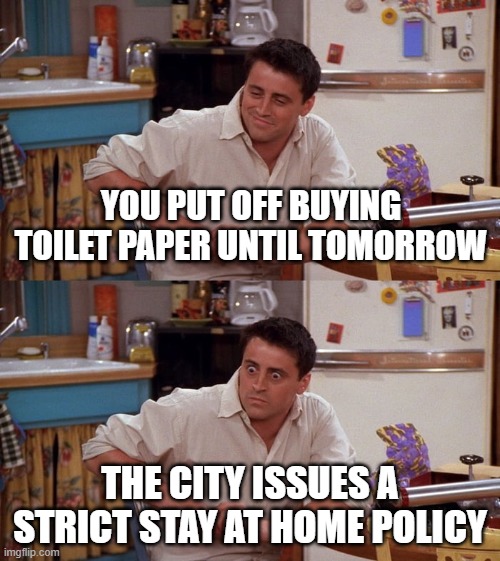 Joey meme | YOU PUT OFF BUYING TOILET PAPER UNTIL TOMORROW; THE CITY ISSUES A STRICT STAY AT HOME POLICY | image tagged in joey meme | made w/ Imgflip meme maker