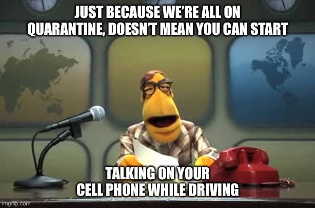 Muppet News Flash | JUST BECAUSE WE’RE ALL ON QUARANTINE, DOESN’T MEAN YOU CAN START; TALKING ON YOUR CELL PHONE WHILE DRIVING | image tagged in muppet news flash | made w/ Imgflip meme maker