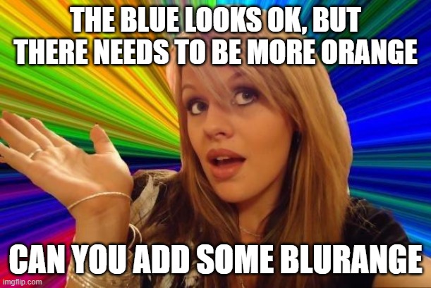 Dumb Blonde | THE BLUE LOOKS OK, BUT THERE NEEDS TO BE MORE ORANGE; CAN YOU ADD SOME BLURANGE | image tagged in memes,dumb blonde | made w/ Imgflip meme maker