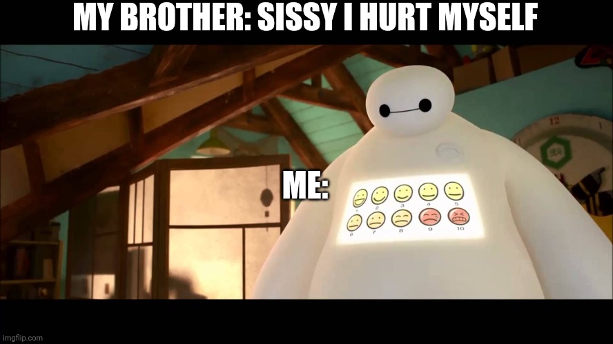 Baymax - Big Hero 6 | MY BROTHER: SISSY I HURT MYSELF; ME: | image tagged in baymax - big hero 6 | made w/ Imgflip meme maker