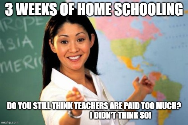 Unhelpful High School Teacher | 3 WEEKS OF HOME SCHOOLING; DO YOU STILL THINK TEACHERS ARE PAID TOO MUCH?                                    I DIDN'T THINK SO! | image tagged in memes,unhelpful high school teacher | made w/ Imgflip meme maker