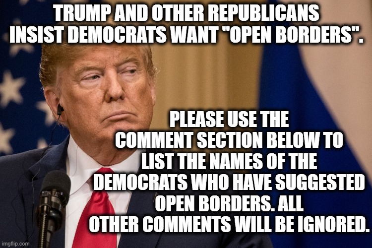 Let's Do Some Fact-Checking! | TRUMP AND OTHER REPUBLICANS INSIST DEMOCRATS WANT "OPEN BORDERS". PLEASE USE THE COMMENT SECTION BELOW TO LIST THE NAMES OF THE DEMOCRATS WHO HAVE SUGGESTED OPEN BORDERS. ALL OTHER COMMENTS WILL BE IGNORED. | image tagged in donald trump,open borders,republicans,democrats,misinformation,traitor | made w/ Imgflip meme maker
