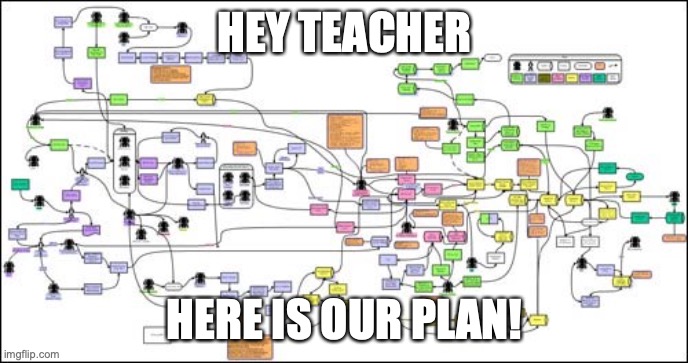 HEY TEACHER; HERE IS OUR PLAN! | image tagged in teachers laughing | made w/ Imgflip meme maker