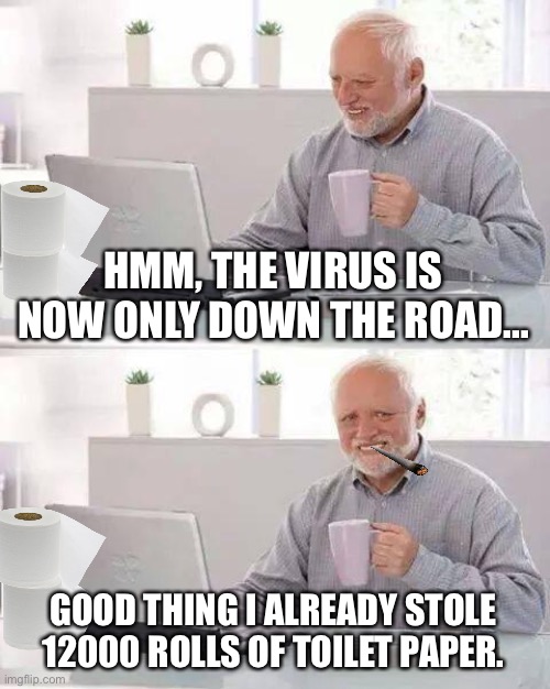 Hide the Pain Harold Meme | HMM, THE VIRUS IS NOW ONLY DOWN THE ROAD... GOOD THING I ALREADY STOLE 12000 ROLLS OF TOILET PAPER. | image tagged in memes,hide the pain harold | made w/ Imgflip meme maker