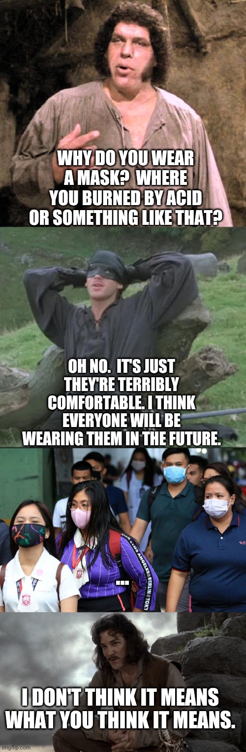 WHY DO YOU WEAR A MASK?  WHERE YOU BURNED BY ACID OR SOMETHING LIKE THAT? OH NO.  IT'S JUST THEY'RE TERRIBLY COMFORTABLE. I THINK EVERYONE WILL BE WEARING THEM IN THE FUTURE. ... I DON'T THINK IT MEANS WHAT YOU THINK IT MEANS. | image tagged in masks | made w/ Imgflip meme maker