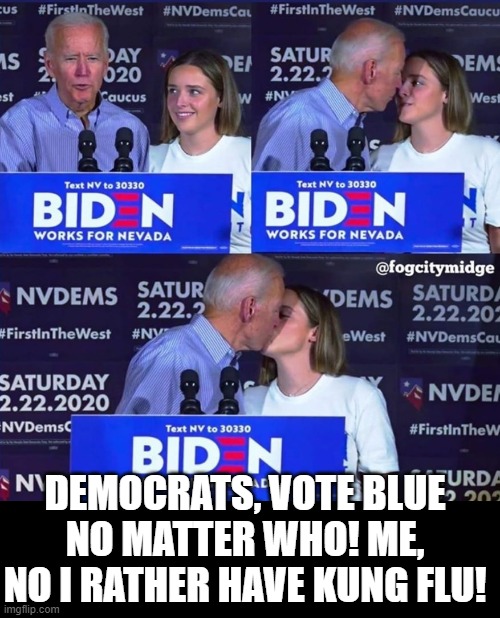 Democrats, Vote Blue No Matter Who!  Me, No I  Rather Have Kung Flu! | DEMOCRATS, VOTE BLUE NO MATTER WHO! ME, NO I RATHER HAVE KUNG FLU! | image tagged in biden,coronavirus,democrats | made w/ Imgflip meme maker