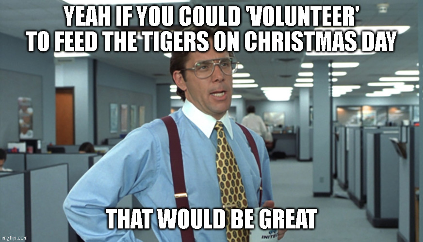 Office Space Bill Lumbergh | YEAH IF YOU COULD 'VOLUNTEER' TO FEED THE TIGERS ON CHRISTMAS DAY; THAT WOULD BE GREAT | image tagged in office space bill lumbergh | made w/ Imgflip meme maker