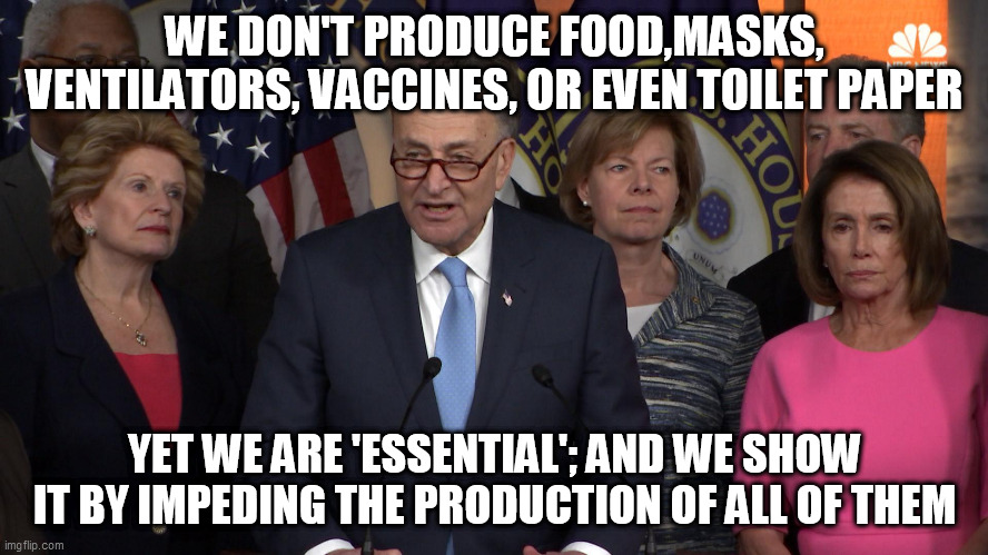 Democrat congressmen | WE DON'T PRODUCE FOOD,MASKS, VENTILATORS, VACCINES, OR EVEN TOILET PAPER; YET WE ARE 'ESSENTIAL'; AND WE SHOW IT BY IMPEDING THE PRODUCTION OF ALL OF THEM | image tagged in democrat congressmen | made w/ Imgflip meme maker