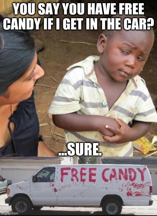  YOU SAY YOU HAVE FREE CANDY IF I GET IN THE CAR? ...SURE. | image tagged in memes,third world skeptical kid,free candy | made w/ Imgflip meme maker