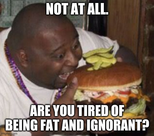 weird-fat-man-eating-burger | NOT AT ALL. ARE YOU TIRED OF BEING FAT AND IGNORANT? | image tagged in weird-fat-man-eating-burger | made w/ Imgflip meme maker
