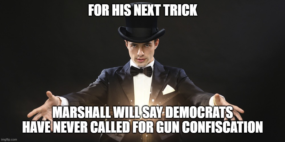 Magician | FOR HIS NEXT TRICK MARSHALL WILL SAY DEMOCRATS HAVE NEVER CALLED FOR GUN CONFISCATION | image tagged in magician | made w/ Imgflip meme maker