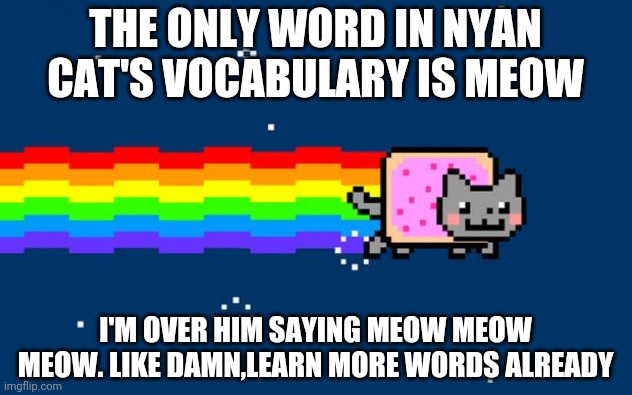 Nyan Cat | THE ONLY WORD IN NYAN CAT'S VOCABULARY IS MEOW; I'M OVER HIM SAYING MEOW MEOW MEOW. LIKE DAMN,LEARN MORE WORDS ALREADY | image tagged in nyan cat | made w/ Imgflip meme maker
