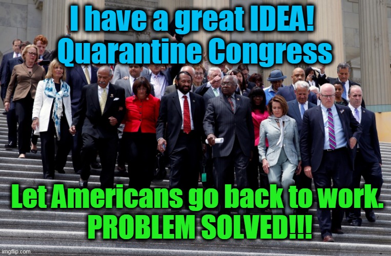 Make America Great Again! | I have a great IDEA! 
Quarantine Congress; Let Americans go back to work. 

PROBLEM SOLVED!!! | image tagged in political meme,politics,democrats,make america great again,political humor,politics lol | made w/ Imgflip meme maker