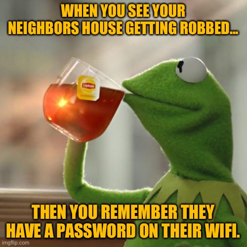 But That's None Of My Business | WHEN YOU SEE YOUR NEIGHBORS HOUSE GETTING ROBBED... THEN YOU REMEMBER THEY HAVE A PASSWORD ON THEIR WIFI. | image tagged in memes,but that's none of my business,kermit the frog | made w/ Imgflip meme maker