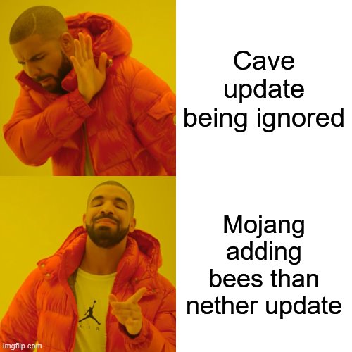 Drake Hotline Bling | Cave update being ignored; Mojang adding bees than nether update | image tagged in memes,drake hotline bling | made w/ Imgflip meme maker
