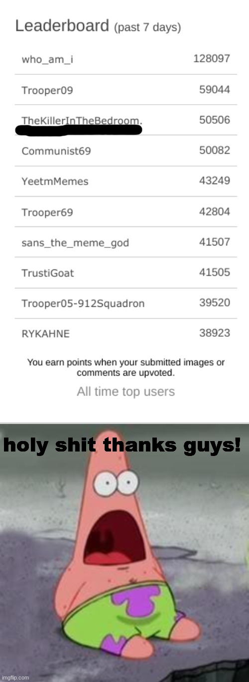 Also congrats to everyone that made it on the leaderboard :) | holy shit thanks guys! | image tagged in suprised patrick | made w/ Imgflip meme maker