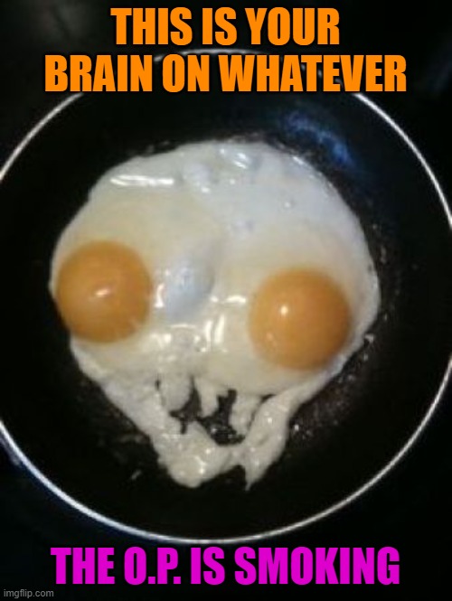fried egg skull | THIS IS YOUR BRAIN ON WHATEVER THE O.P. IS SMOKING | image tagged in fried egg skull | made w/ Imgflip meme maker
