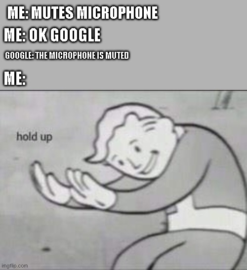 Fallout Hold Up | ME: MUTES MICROPHONE; ME: OK GOOGLE; GOOGLE: THE MICROPHONE IS MUTED; ME: | image tagged in fallout hold up | made w/ Imgflip meme maker