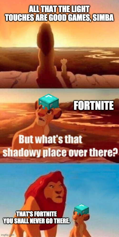 Simba Shadowy Place Meme | ALL THAT THE LIGHT TOUCHES ARE GOOD GAMES, SIMBA; FORTNITE; THAT'S FORTNITE YOU SHALL NEVER GO THERE. | image tagged in memes,simba shadowy place | made w/ Imgflip meme maker