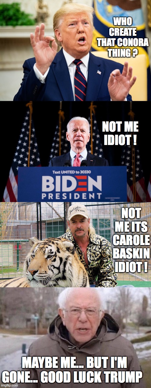 Who create that Covid ? | WHO CREATE THAT CONORA THING ? NOT ME IDIOT ! NOT ME ITS CAROLE BASKIN IDIOT ! MAYBE ME... BUT I'M GONE... GOOD LUCK TRUMP | image tagged in i am once again asking,memes,donald trump,joe exotic,joe biden,bernie sanders | made w/ Imgflip meme maker