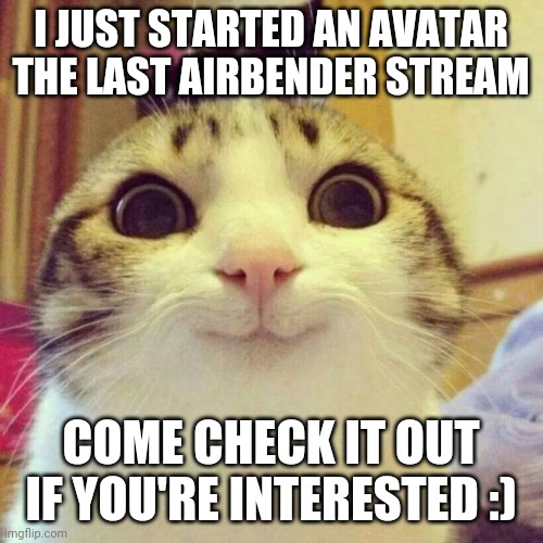 Smiling Cat | I JUST STARTED AN AVATAR THE LAST AIRBENDER STREAM; COME CHECK IT OUT IF YOU'RE INTERESTED :) | image tagged in memes,smiling cat | made w/ Imgflip meme maker
