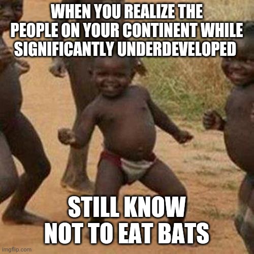 Third World Success Kid Meme | WHEN YOU REALIZE THE PEOPLE ON YOUR CONTINENT WHILE SIGNIFICANTLY UNDERDEVELOPED; STILL KNOW NOT TO EAT BATS | image tagged in memes,third world success kid | made w/ Imgflip meme maker