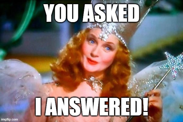 When they ask a totally loaded question indicating bias, but you decide to try to answer it in good-faith. | YOU ASKED; I ANSWERED! | image tagged in glinda the good witch,democrats,democratic party,question,imgflip trolls,bias | made w/ Imgflip meme maker