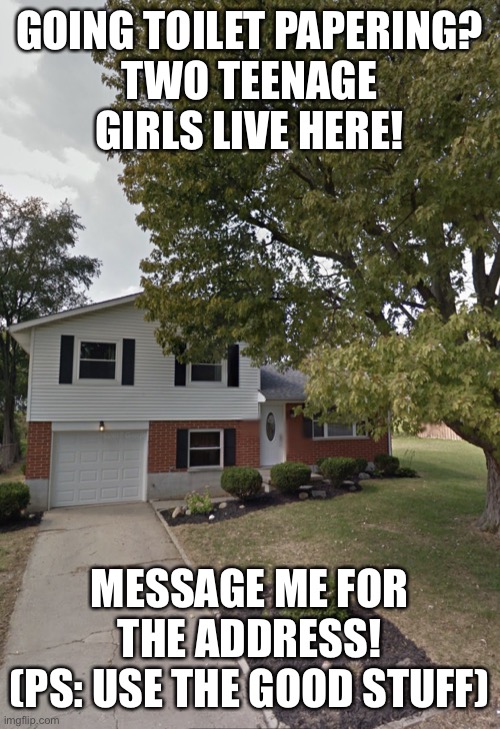 House | GOING TOILET PAPERING?
TWO TEENAGE GIRLS LIVE HERE! MESSAGE ME FOR THE ADDRESS!
(PS: USE THE GOOD STUFF) | image tagged in house | made w/ Imgflip meme maker