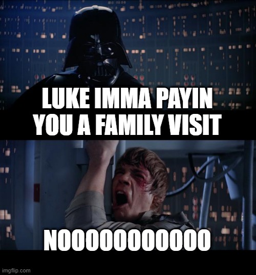Star Wars No Meme | LUKE IMMA PAYIN YOU A FAMILY VISIT NOOOOOOOOOOO | image tagged in memes,star wars no | made w/ Imgflip meme maker