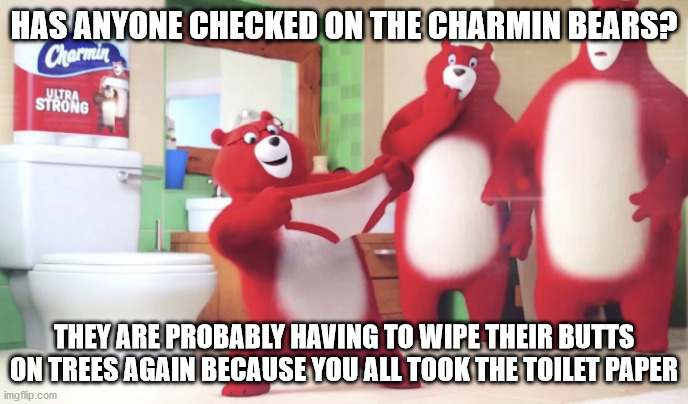 Charmin Bears | HAS ANYONE CHECKED ON THE CHARMIN BEARS? THEY ARE PROBABLY HAVING TO WIPE THEIR BUTTS ON TREES AGAIN BECAUSE YOU ALL TOOK THE TOILET PAPER | image tagged in charmin bears | made w/ Imgflip meme maker