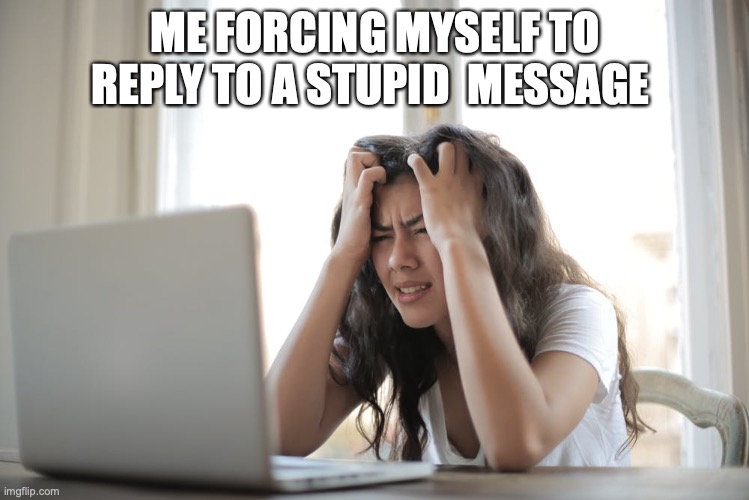 ME FORCING MYSELF TO REPLY TO A STUPID  MESSAGE | image tagged in message,computer,girl | made w/ Imgflip meme maker