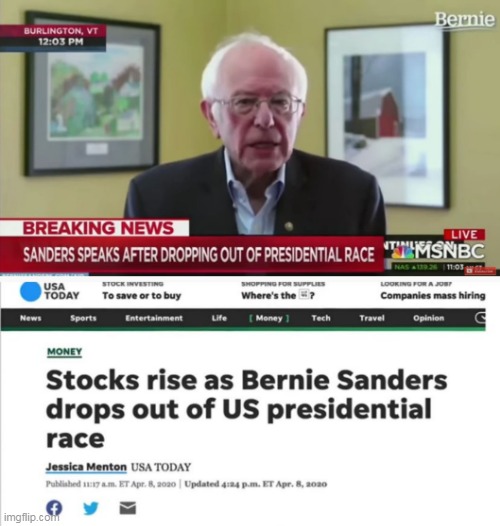 INVESTORS KNEW HE WAS A BAD CHOICE | image tagged in memes,bernie sanders,feel the bern,msnbc,stock market | made w/ Imgflip meme maker