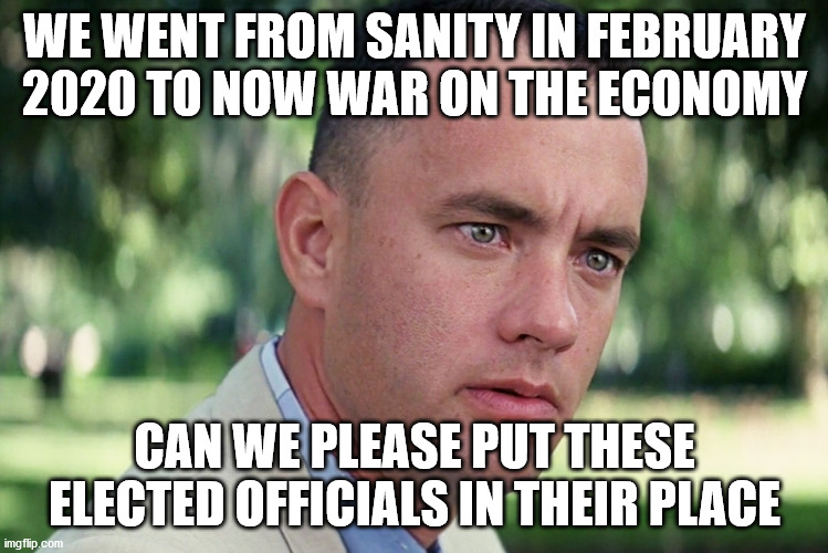 forest gump shocked at america in 2020 | WE WENT FROM SANITY IN FEBRUARY 2020 TO NOW WAR ON THE ECONOMY; CAN WE PLEASE PUT THESE ELECTED OFFICIALS IN THEIR PLACE | image tagged in memes,and just like that,united states | made w/ Imgflip meme maker