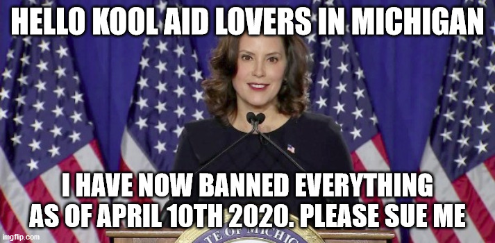 governor of michigan announces major policy | HELLO KOOL AID LOVERS IN MICHIGAN; I HAVE NOW BANNED EVERYTHING AS OF APRIL 10TH 2020. PLEASE SUE ME | image tagged in michigan,whitmer,the dictator | made w/ Imgflip meme maker