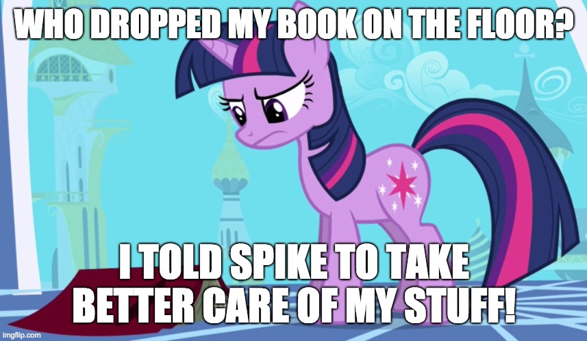Twilight does not look happy! | WHO DROPPED MY BOOK ON THE FLOOR? I TOLD SPIKE TO TAKE BETTER CARE OF MY STUFF! | image tagged in memes,twilight sparkle,my little pony,book | made w/ Imgflip meme maker